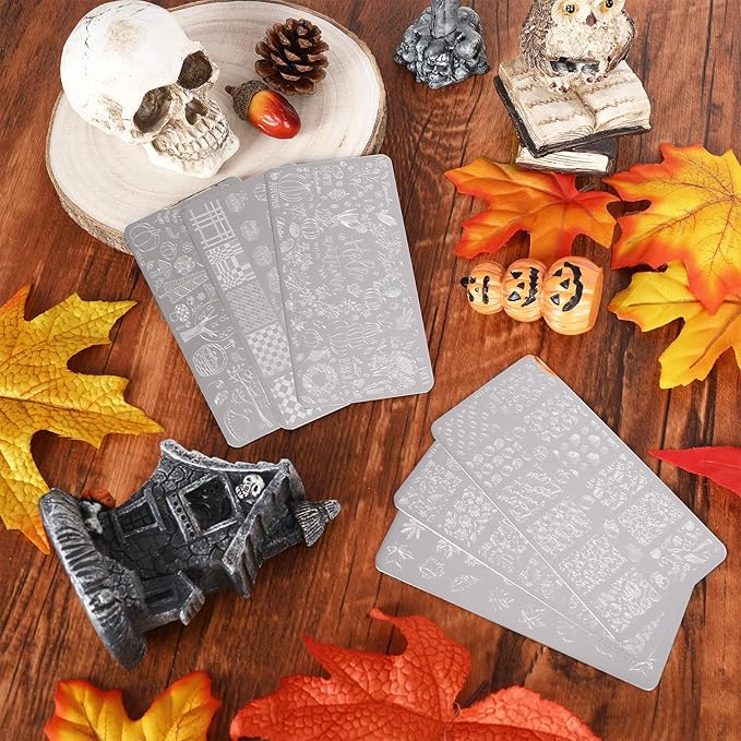 Whaline 6Pcs Fall Thanksgiving Theme Nail Art Stamping Plate Kit Various Pattern Pumpkin Maple Autumn Blessing Collection Checkered Nail Art Plate for Thanksgiving Day DIY Design Print Manicure Salon