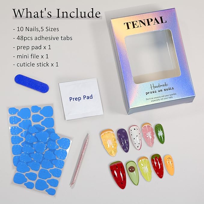 Summer Fruit Press on Nails - Vibrant Almond Shaped Fake Nails with Kiwi, Watermelon & Avocado Designs | Reusable Colorful Nail Art for Women | Tropical Fruit Manicure Set (Medium Length,M)