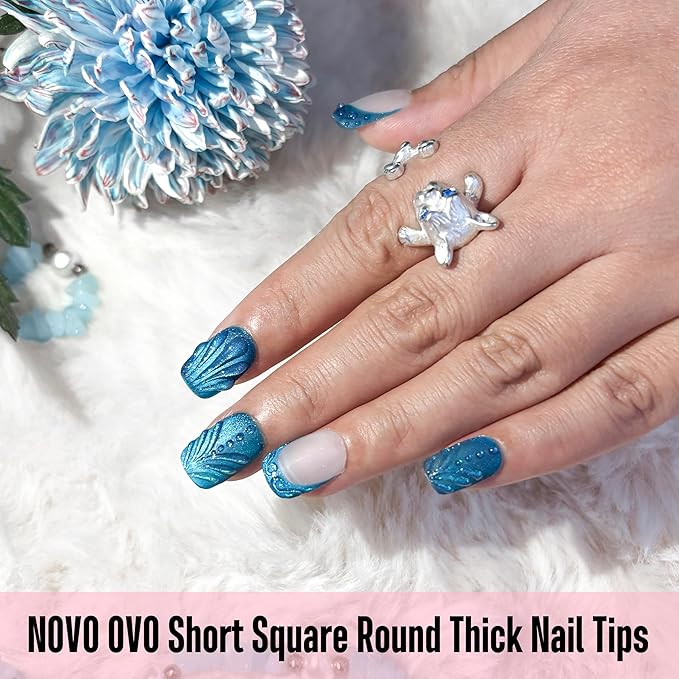 NOVO OVO Short Square Round Nail Tips, Extra Thick Full Cover False Fake Nails Press on, Soft Gel Clear Surface Matte Inside, for Manicure Salon DIY French Tip Acrylic Extension x 15 Sizes 240 pcs