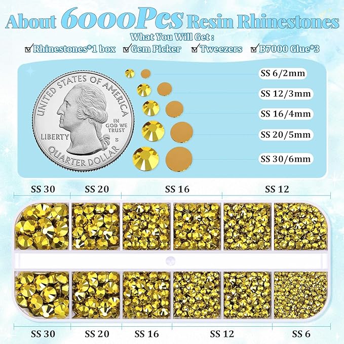 6000Pcs Resin Rhinestones for Bedazzling with 3Pcs B7000 Jewelry Glue, 1 Box Bright Gold Flatback Rhinestones for Crafting Crafts DIY, Crystals Gems for Clothing Shoes Tumblers Nail Art Makeup