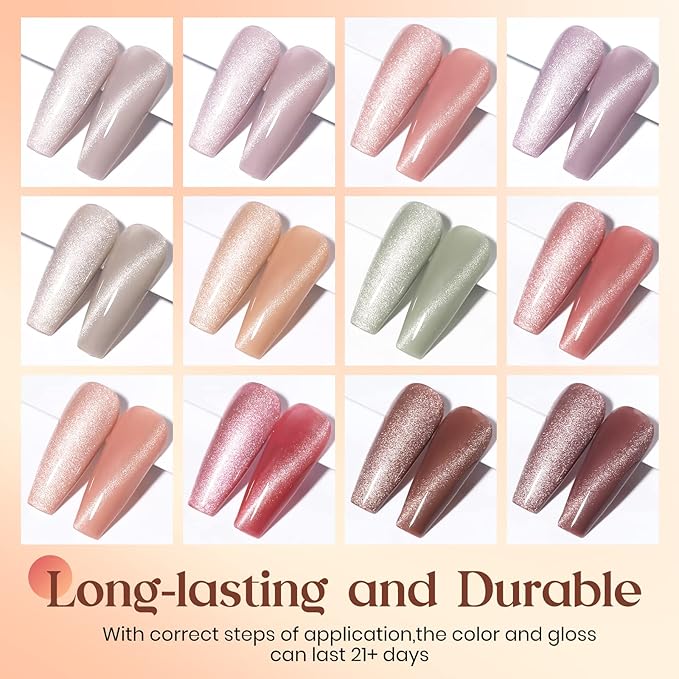 MIZHSE Cat Eye Gel Nail Polish, 12 Basic Colors Collection Velvet Magnetic Gel Polish Polish, Sparkle Shimmery Glitter Nude Pink Brown Soak Off Nail Art Manicure Kit Valentine's Gift