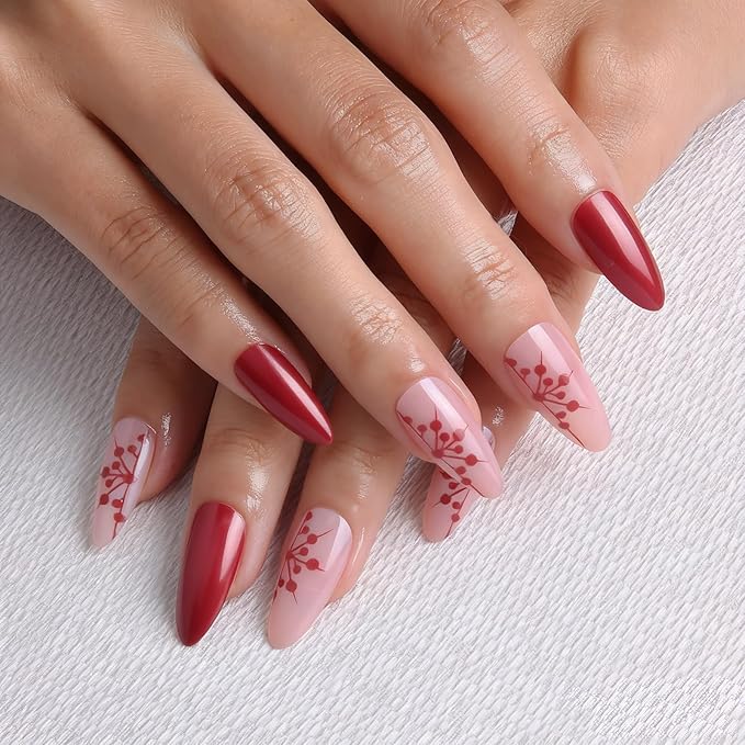 24pcs Pearlescent Red Medium Almond Press On Nails with Snowflakes for Themed Costumes, Reusable Nail Kit with Nail Adhesive Tabs Mini Nail File, 12 Sizes (Pearlescent Red)