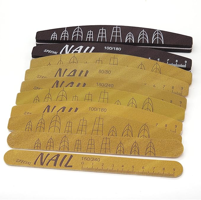 10pcs 80/80,100/180,150/240,180/240 Grit Both Sides Nail Files with Nail Shape Guide (Square, Almond, Oval) and Ruler, Nail Files for Natural Nails Emery Board Nail Buffering Files