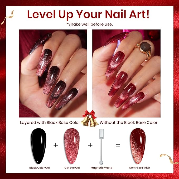 Beetles Cat Eye Gel Nail Polish Set, 6 Colors Glitter Gel Polish Kit Red Pink Shiny Brown Burgundy Purple Blue Green Magnetic Effect Sparkle Stunning Soak Off UV Manicure Gifts for Women