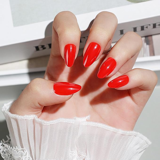 Luxbon Chrome Press On Nails with No-Cure Nail Glue and Tool Kit – Short Almond Soft Gel Tips 25-30pcs Full Size Set, Reusable Fake Nails for Women, Salon Look at Home, Red