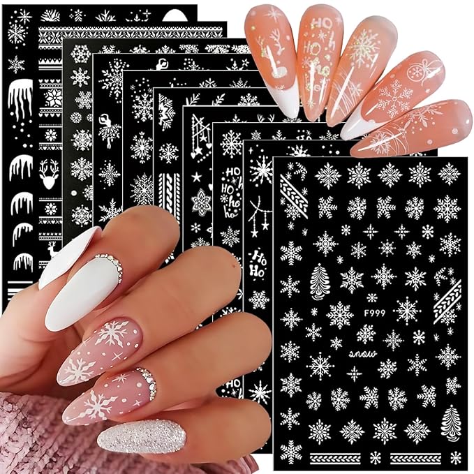 10 Sheets Christmas 3D Snowflake Nail Art Stickers - White Self-Adhesive Glitter Design Winter Decals for Xmas and New Year - DIY Acrylic Nail Supplies for Women and Girls