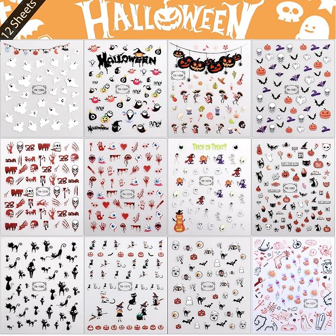 12 Sheets Halloween Nail Art Stickers Decals Glow in The Dark, Cute Spider Web Pumpkin Ghost Skull Bat 3D Design Self-Adhesive Nail Art Decals, DIY Manicure Decoration Supplies for Women Kids