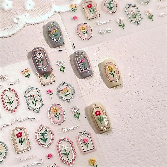 Dedyel Hot Stamping Wildflowers Nail Stickers 5D Embossed Wildflower Nail Stickers Spring Summer Red Yellow Blue White Flower Design Nail Art Decoration for Women Girls Kids