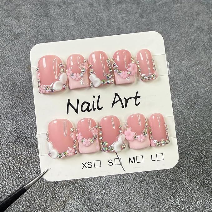 10Pcs 100% Handmade Press on Nails Short Square 3D Flower False Nails Luxury Rhinestone Design Pink French Tip Fake Nails Full Cover Glossy Acrylic Stick on Nail for Women Manicure (Size M)