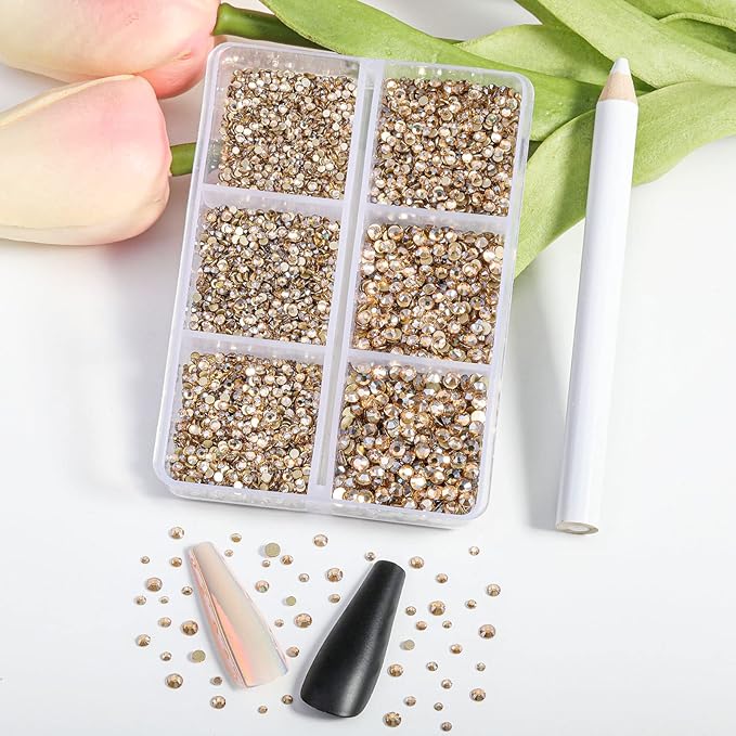 Beadsland 7200pcs Flatback Rhinestones,Gold Rhinestone Nail Gems Round Crystal Rhinestones for Crafts,Mixed 6 Sizes with Wax Pencil Kit, SS3-SS10,Golden Shadow