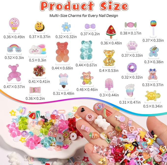 480PCS Jumbo Bear & Candy Nail Charms Kit, 3D Resin Hollow Hearts, Bees, Mini Bows for Acrylic Nails, Kawaii Nail Art Supplies with Tweezers for Nails Design, Crafts, Phone Cases Gifts