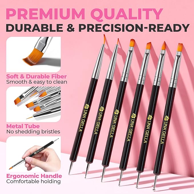 UNA GELLA Nail Art Brushes Set 6PCS Black Color Double-ended Acrylic Nail Design Brush Set Nail Dotting Tools Nail Art Gel Polish Liner Brushes for Christmas Gel Polish Painting DIY Nail Salon