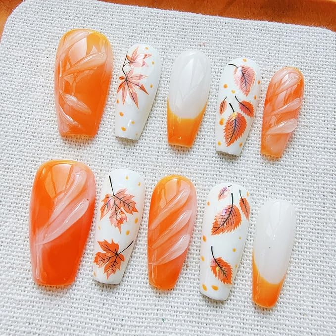 30Pcs Fall Press on Nails Medium Coffin Fake Nails Maple Leaf False Nails with 3D Ripple Designs Orange French Tip Maple Leaves Stick on Fingernails Autumn Thanksgiving Acrylic Nails for Women