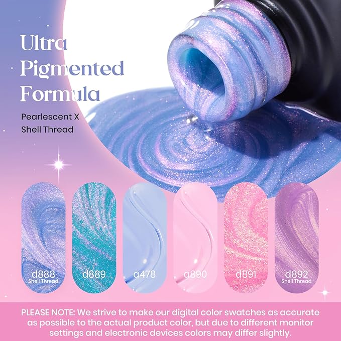 Beetles Pearl Glitter Gel Nail Polish Set, 6 Colors Baby Blue Shimmer Baby Pink Purple Mermaid Gel Polish Kit, Nail Drawing Soak Off Uv Led Swirl Gel Polish Shell Thread Spring Gift for Women