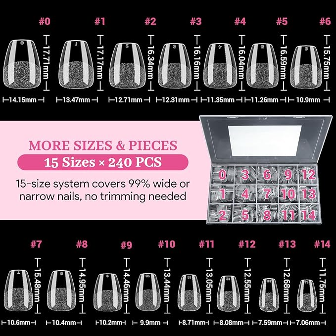 Extra Short Coffin Fake Nail Tips, 15 Sizes 240 PCS Clear Half Matte Press On False Nail Pre-shaped Half Soft Cover Gel Nail Tips Extensions Thick Long Lasting for DIY Beginners & Salon Manicure