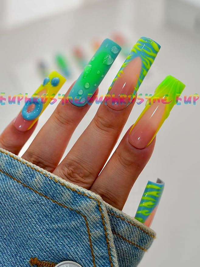 10PCS Neon Green and Blue Press On Nails – Long Coffin Fake Nails with Abstract Swirl Design, 3D Bubble Drops & Retro Y2K Charms, Reusable Trendy Nails for Women and Girls – Euphrosyne