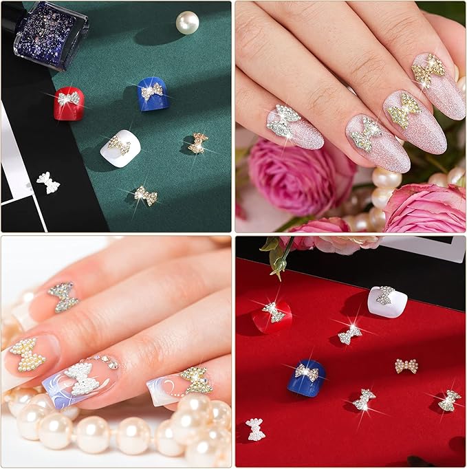 Maitys 24 Pieces Nail Bows Charms Rhinestones 3D Charms Alloy Pearl Bow Knot Accessory for Valentine's Day Women DIY Xmas Salon Jewelry Craft(Assorted Colors)