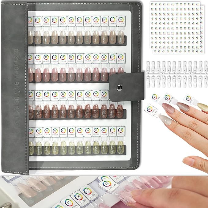 96 Magnetic Nail Color Book,Leather Magnetic Color Display Book with 96PCS Magnetic Tips & 1-120 Number Labels,Perfect for Nail Polish Nails Art Design(Gray)