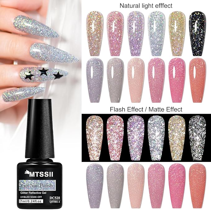 MTSSII Reflective Glitter Gel Polish Gold Silver Pink Glitter Sparkly Shiny Disco DJ LED Gel Nail Polish Nail Varnish 12PCS 7ml