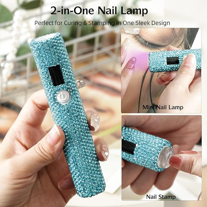 Handheld UV Nail Lamp with Sparkly Rhinestones, 3W Portable LED Nail Lamp, Wireless Rechargeable USB Nail Dryer with Silicone Stamper, LCD Display, Ideal for Home DIY Manicures (Green)