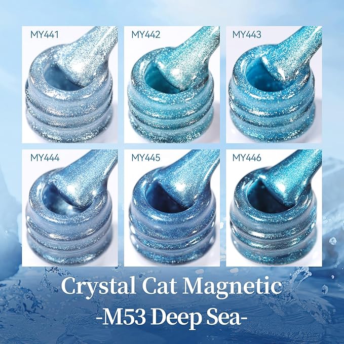 Born Pretty Blue Cat Magnetic Eye Gel Nail Polish Set,6 Colors Spring Summer Blue Shimmer Glitter Crystal Glass Magnetic Gel Polish Soak Off U V Nail Gels DIY Art for Women 7ML