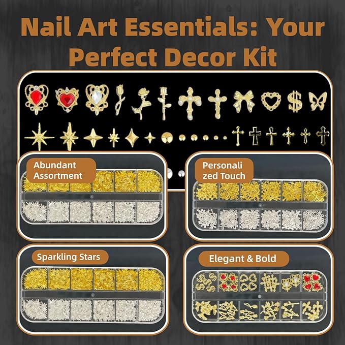 KINGNAME Gold Nail Charms and Gems Set, 4 Boxes Nail Gems Nail Pearls Nail Art Tools, 3D Cross Nail Charms Heart Nail Rhinestones for Nails Supplies, Charms for Nails Design Nail Art Kit