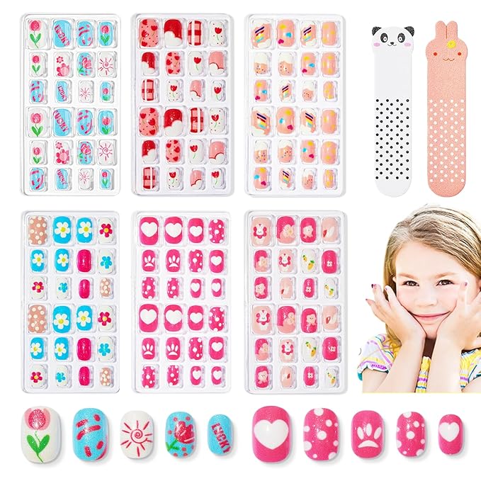 Modelones Press on Nails for Kids 144Pcs 6 Pack Children Acrylic Fake Nails Pre-glue Full Cover Glitter Color Unicorn Ocean Short False Nail Art Kits Sets Thanksgiving Christmas Gifts for Girls