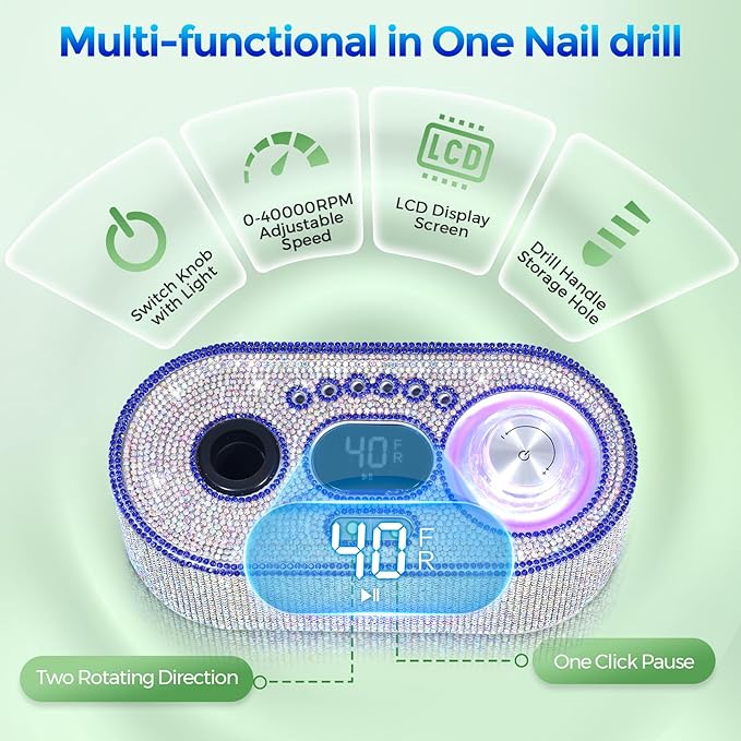 Nail Drill Electric File: DEDNMSCA Sparkly Professional Nail Drill Kit, 40000RPM E-file Machine with USB LED Light and 12 Drill Bits for Acrylic Nail Remove Gel Polish Manicure for Salon Home, Diamond