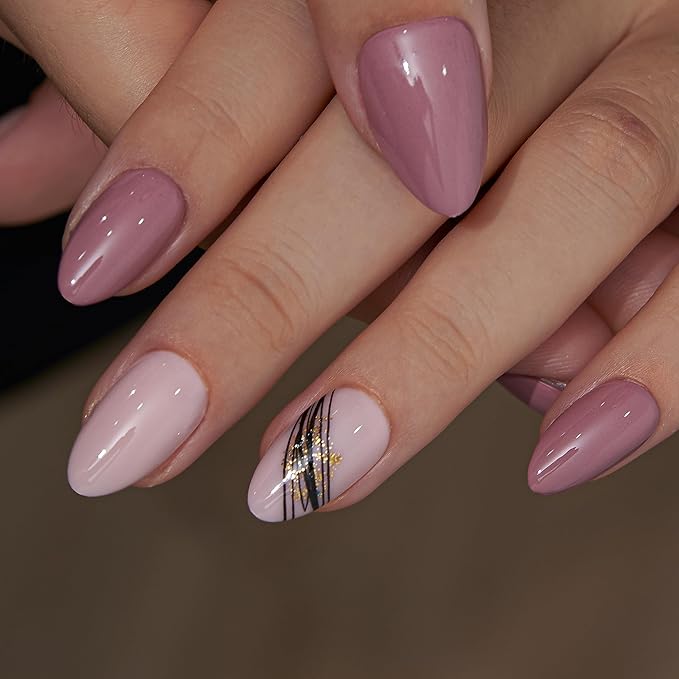 Curvlife Press On Nails – 30PCS Full Cover False Natural Fit Soft Gel Fake Nails Tips, Easy to Apply at Home Glue On False Nails Kit (Minimal Line Almond, Medium)
