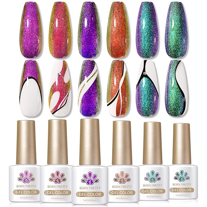 Born Pretty Chameleon Gel Nail Polish, 6 Pcs Aurora Shimmer Glitter Gel Polish Long Lasting Sparkly Shiny Nail Polish U V Set for Manicure and Nail Art, DIY at Home, Salon-Quality 7ml