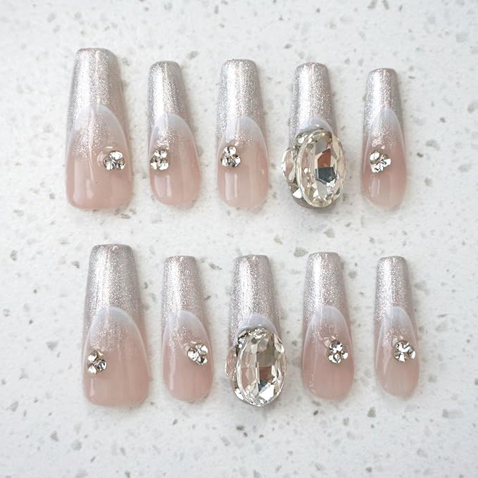 Press On Nails, Long Ballerina Coffin Shape, Silver Glitter French Tips with 3D Rhinestones, Handmade False Nail 10 Pieces (Large,LB)