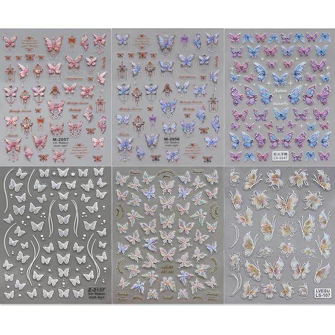 6 Sheets Butterfly Nail Art Stickers Decals 5D Embossed Nail Decals Spring Blue Pink Butterfly Nails Design Self-Adhesive Accessories 3D Nails Stickers for Women