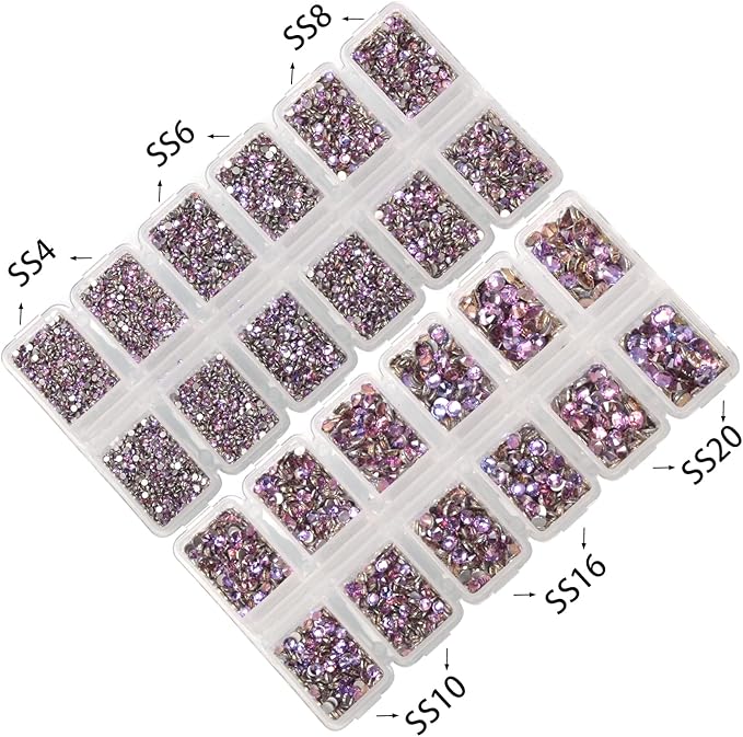 10000 Pieces Rhinestones 6 Sizes Round Crystal Glass Flat Back Rhinestones with 1Tweezers and 1Picking Pen for Nail Art Crafts Clothes Bags DIY (Pink Purple)