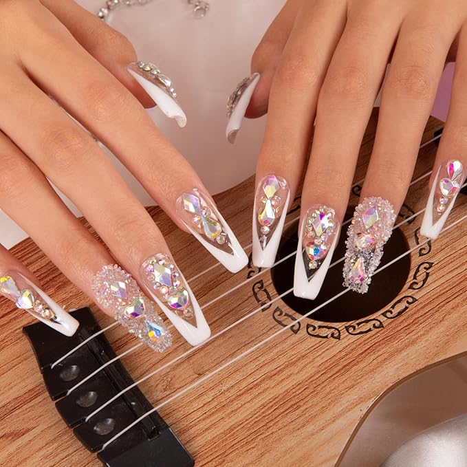 LOVFUL Press on Nails Aurora Light | Handmade with Full Covered Crystals | Reusable Fake Nails | Coffin Classic Regular 1.3 in | H36-M