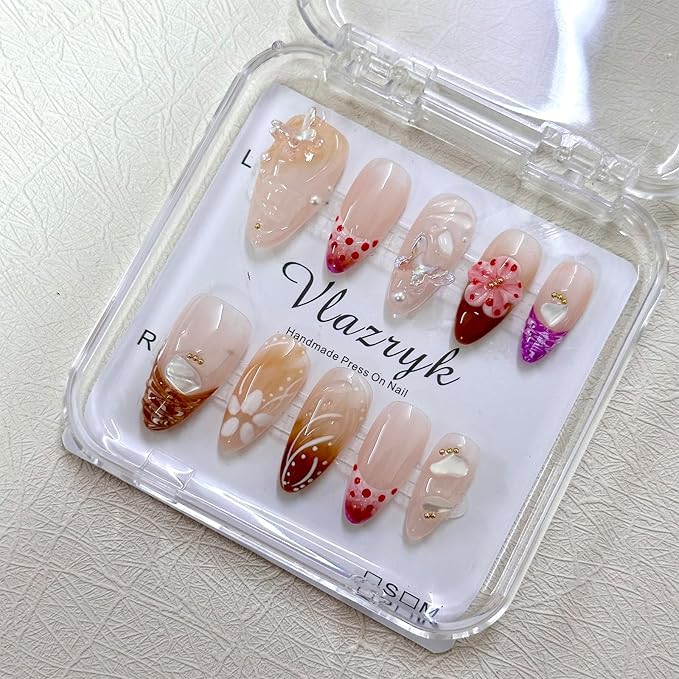 Handmade Press-On Nails – Medium Almond French Tip 3D Butterfly & Brown gradient Flowers Nails,Salon-Quality Reusable Fake Nails,Handcrafted Multi-Layer Gel & Acrylic Nails (10PCS)