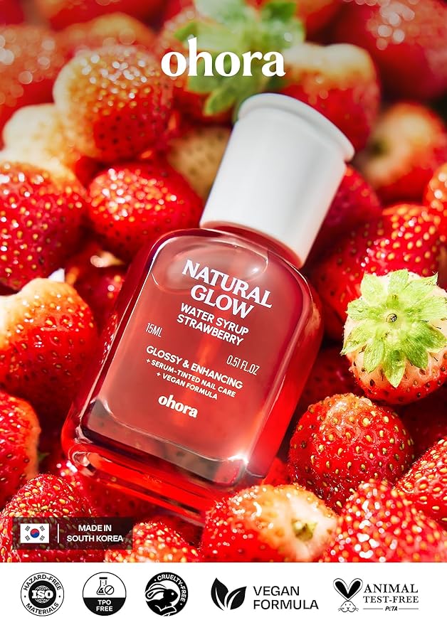 ohora Natural Glow Water Syrup Nail Strengthener (Strawberry) - Tinted Nail Hardener for Brittle, Damaged Nails, Quick-Dry Glossy Finish, Nail Repair & Growth, 15 mL