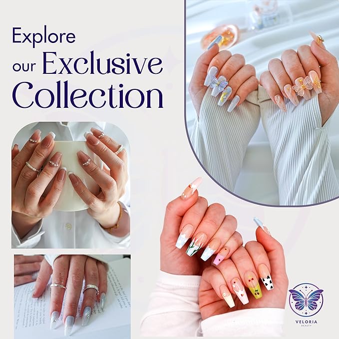 2D Handmade Press On Nails, Long Coffin Shaped w/Flowers, Cherries, & Clouds Acrylic, Gel, Reuseable Kit, For Women Daily Wear or Special Occasion (Celestial Blossom)