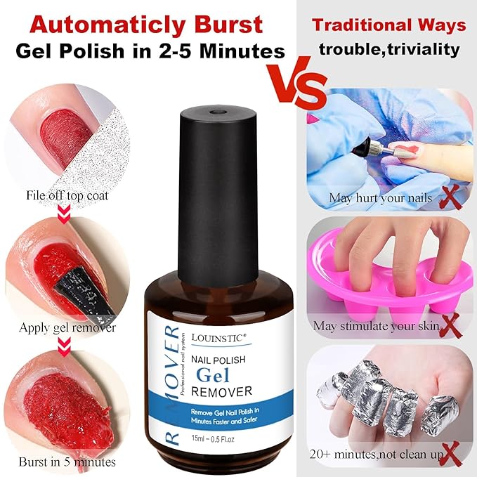LOUINSTIC 15 ml Gel Nail Remover – Professional & Fast Gel Polish Remover, Acetone-Free Gel Remover for Nails, Quick 2–5 Min No-Soak & No-Foil Removal, Non-Irritating Nail Care Solution for Home DIY