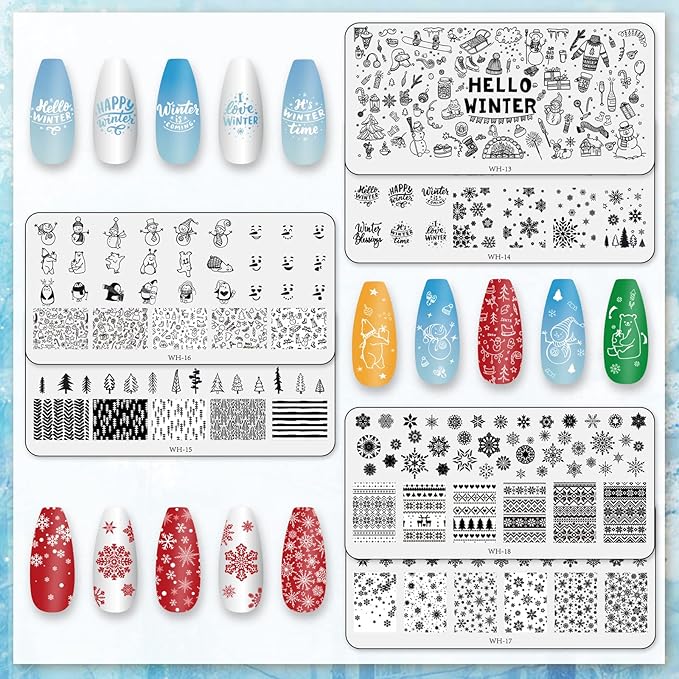 Whaline 6 Pieces Winter Nail Art Stamping Plates Kit Snowman Snowflake Pine Tree Sweater Image Stamp Templates Hello Winter Nail Art Plates for Winter Xmas DIY Print Manicure Salon Design Gift