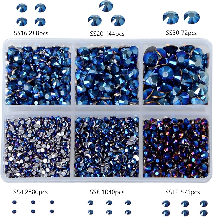 Bymitel 5000 Pieces 6 Mixed Sizes Glue Fix on Glass Rhinestones Round Crystal Gems Flatback for DIY Jewelry Making with one Picking Pen (6-Sizes 5000PCS, Mine Blue)