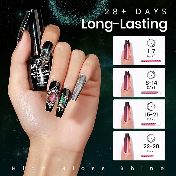 MIZHSE Cat Eye Gel Nail Polish Set 8 Colors with Magnet Stick: 9D Cat Eye Gel Polish and Shiny Wide Cat Eye Gel Set, Classic Holographic Glitter Galaxy Colors Gel Nail Kit for Nail Salon Home DIY