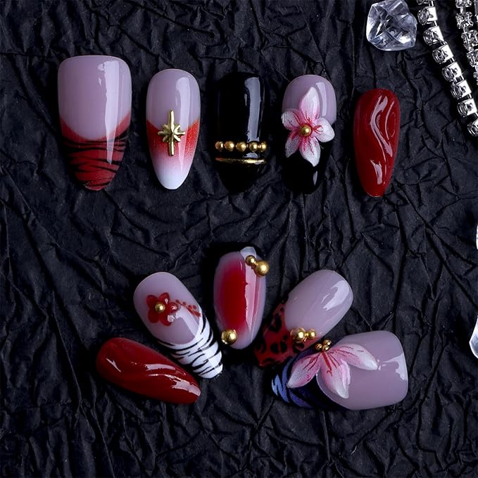 Almond Press on Nails Long Fake Nails Red Artificial Nail Black French Pink Floral and Gold Charm Designs Cute Stick on Nail for Women 24pcs