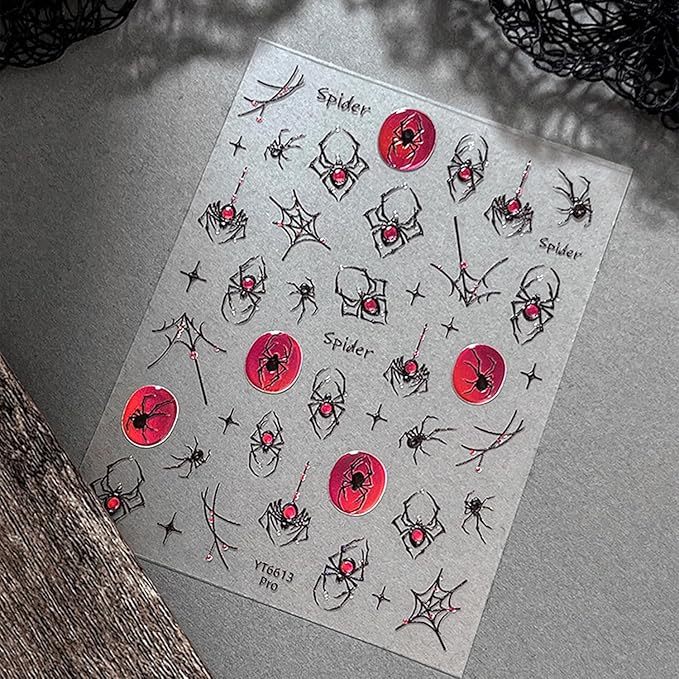 Halloween 5D Embossed Nail Art Stickers Decals Spider Gem Nails Sticker Spider Web Nails Decal Self-Adhesive Nail Art Decals for Women Halloween Decor