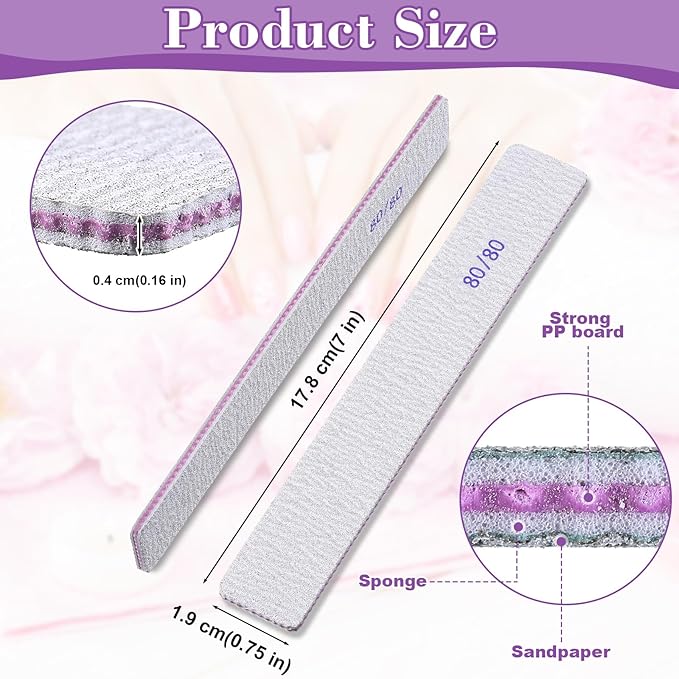 Xinnun 150 Pcs Nail Files 80/80 Grit Double Sides Professional Reusable Emery Board Nail Files for Acrylic Manicure Tools Suit for Home Salon