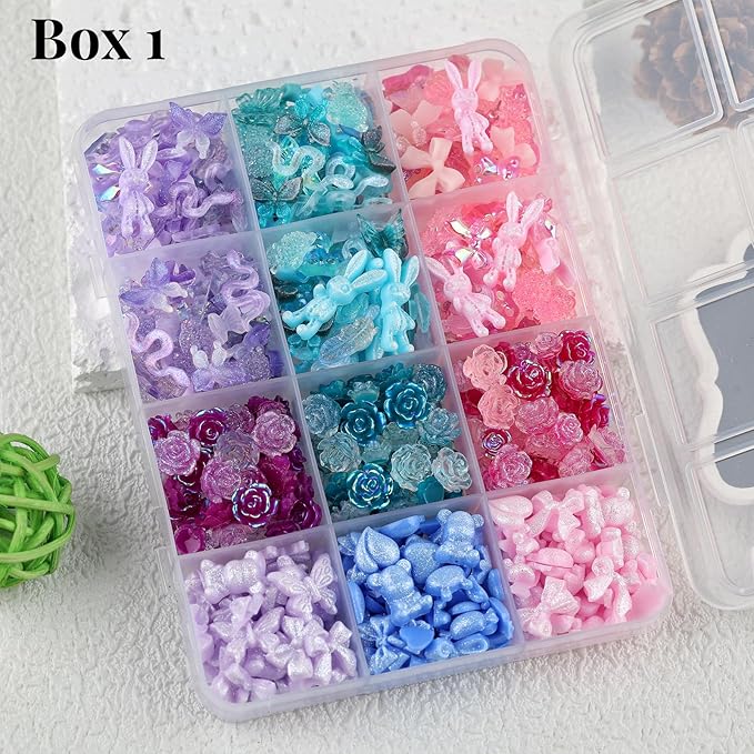 2050 Pieces 3D Butterfly Rose Flower Bow Rabbit Bear Nail Charms Kit with Nail Art Rhinestones Pearls Crystal Gems Nail Slices for Manicure DIY Crafts Jewelry Accessories (Pink Purple Blue)