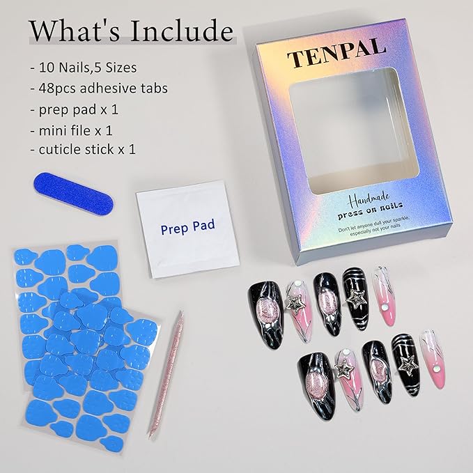 Y2k Press on Nails long Stiletto,Black Star Charms Glitter Swirl, Soft Gel Fake Nails With Tools,Handmade Acrylic 10pcs/Box Pink False Nails With Air Brush Designs(XS)