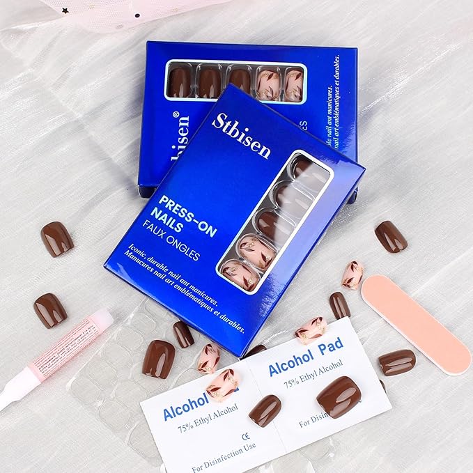 Brown Press On Nails Short Square 24pcs, Nude Coffee False Nails with Gold Leaf Design, Glossy Acrylic Stick On Nails, Natural Reusable Glue On Fake Nails Kit for Women