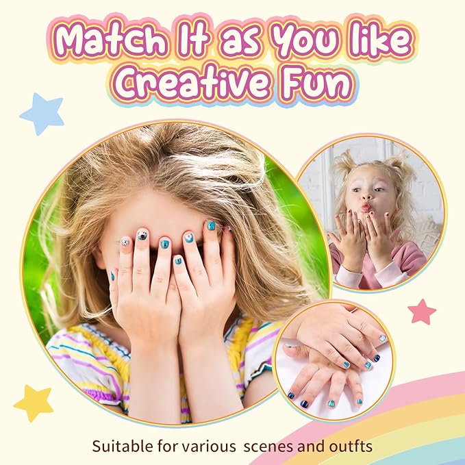 Modelones Press on Nails for Kids 144Pcs 6 Pack Children Acrylic Fake Nails Pre-glue Full Cover Glitter Gradient Color Heart Cat Short False Nail Art Kits Sets Christmas Gifts for Kids Girls