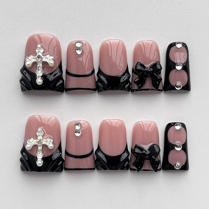 French Tip Press on Nails Handmade Short Duck 3D Thick Acrylic Nails Black False Nails with Bow Water Ripple Rhinestones Designs Gothic Glossy Fake Nail Sturdy Art Press on Nail 10Pcs(S)