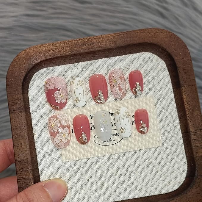 Short Oval Press on Nails,Peach Yogurt Base Glue on Nails,Hand-Painted Cloisonné Florals False Nails Press ons,Artisan Chinese Style Fake Nails Kit,Enamel Wire Inlay Nail Art Tools 10pcs(S)